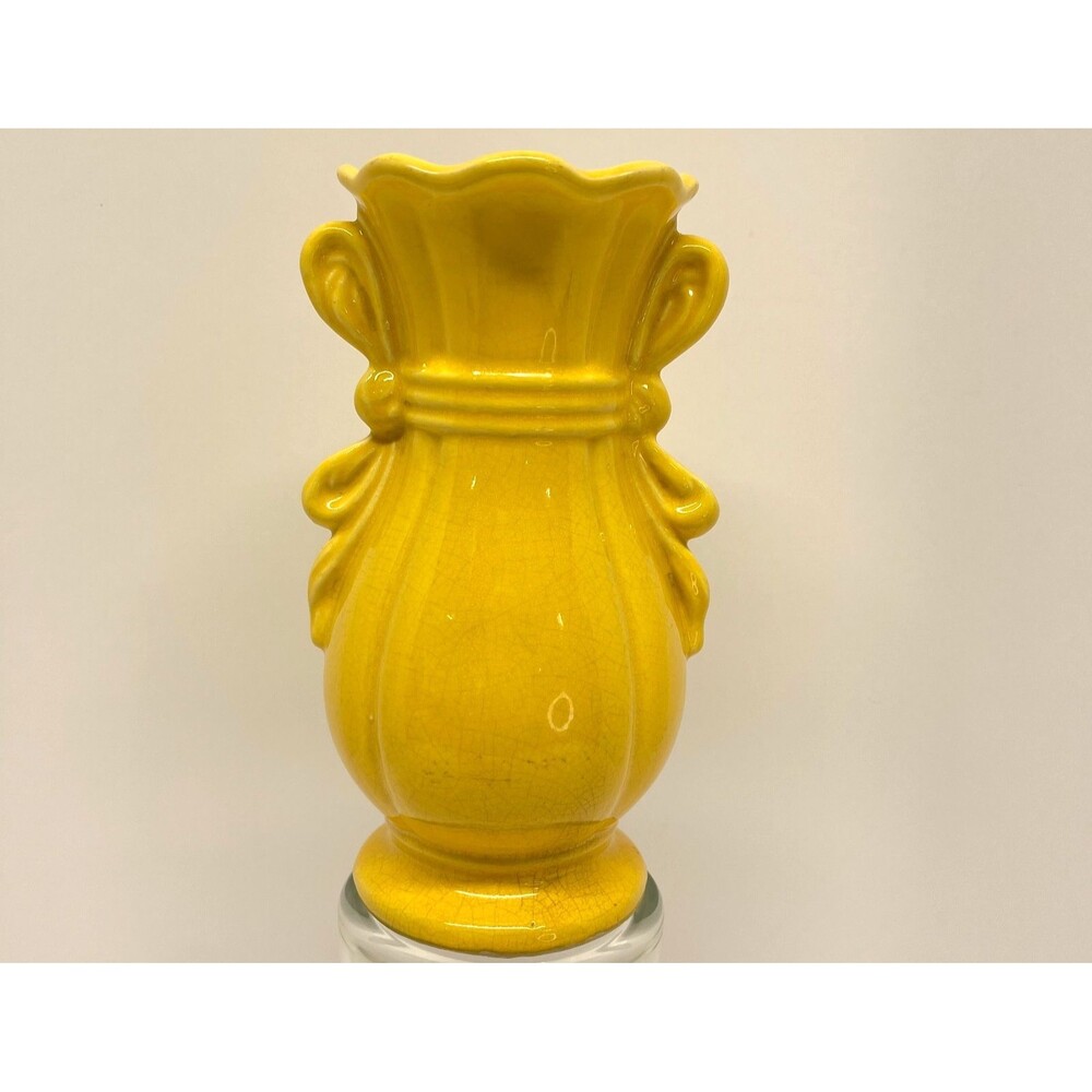 Vintage Brush McCoy Pottery Ribbons & Bows Buttery Yellow 7" Vase USA 705-1950s